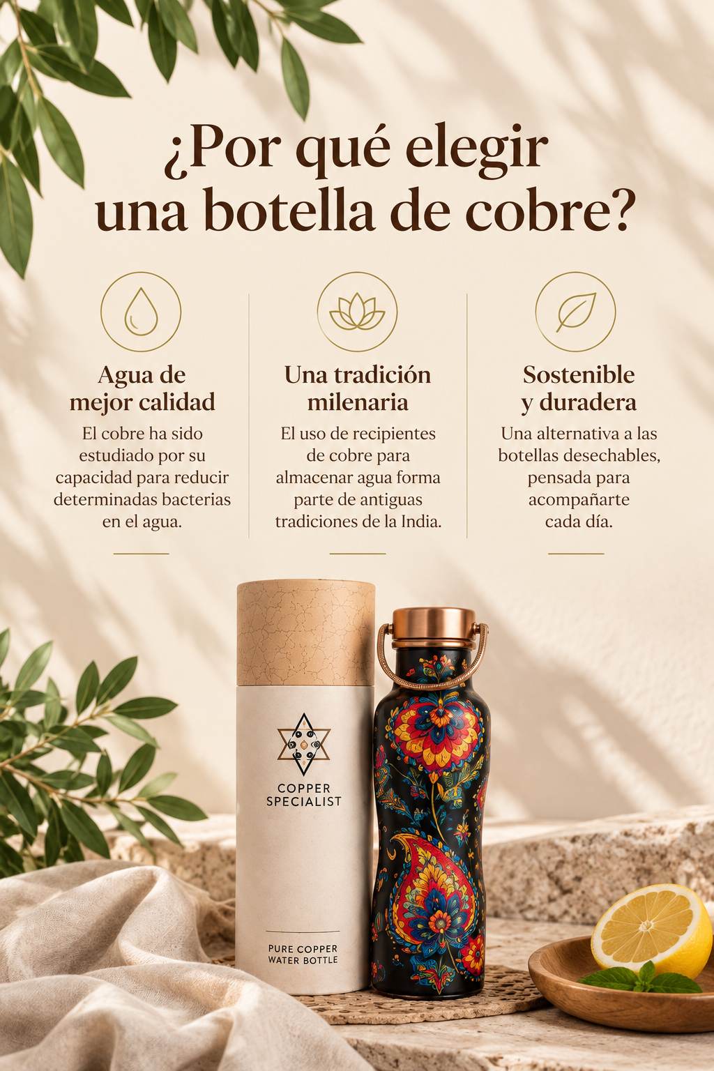 Botella de Cobre Puro Floral — 750 ml